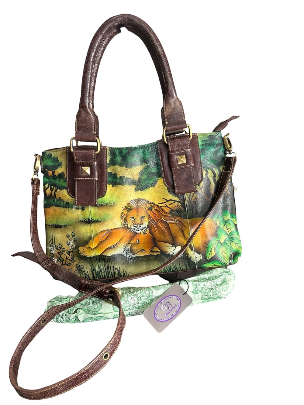 Vintage Sharif Safari Lion Hand Painted Leather Tote Crossbody Bag Jungle Purse